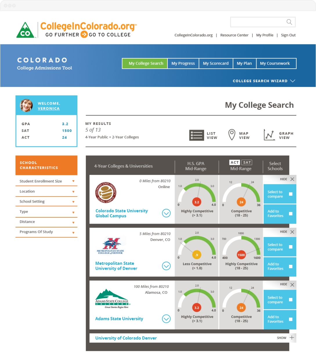 College Admissions Tool website